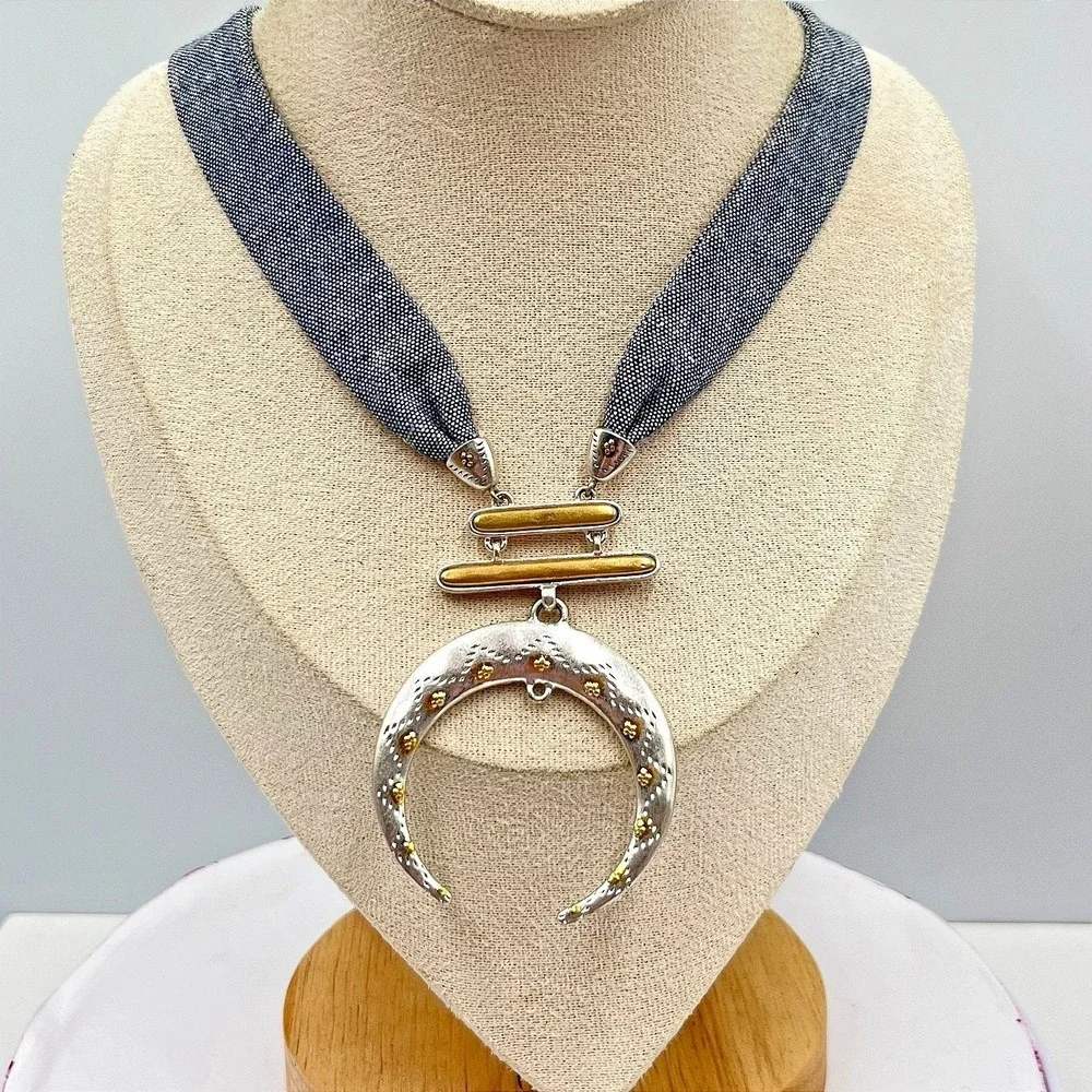 Vintage Mixed Metal Crescent Tusk Necklace Denim Fabric & Braided Cord Statement